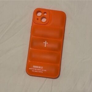 Orange phone case with cross and Bible verse
